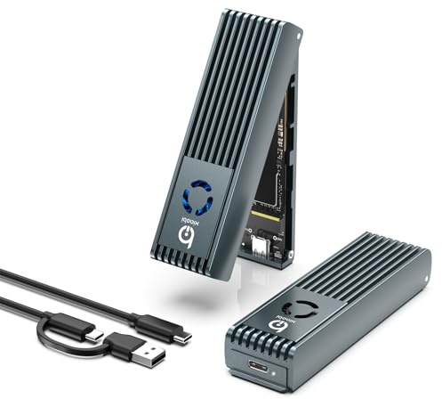 NVMe-Gehäuse mit Kühllüfter, vollständig aus Aluminiumlegierung (Grau) | M.2‑SSD‑Gehäuse im Sandwich‑Design, USB‑3.2‑Gen‑2‑PCIe‑Adapter für M‑Key/M+B‑Key‑NVMe/SATA‑SSDs, Größen 2230/2242/2260/2280
