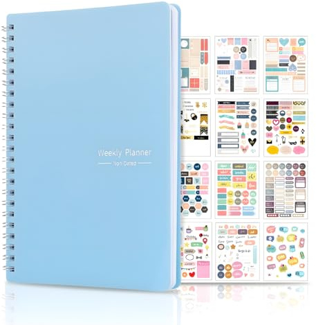 ANDREYSKKA POP ® Planificador semanal minimalista A5 (21X 15 cm) personalizable con 638 Pegatinas - Organizador Diario con Seguimiento de Hábitos y Metas - 52 Semanas sin Fechas. (CELESTE)