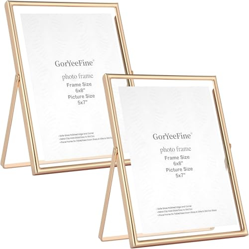 Gold 6×8‘’Floating Frame 2-Pack For Photo Sizes(3.5x5''4x6''5x7''),Classy Metal Floating Frame 5x7''Tabletop Shelf Photo Frames for Christmas,Wedding Party,Home or Office Décor
