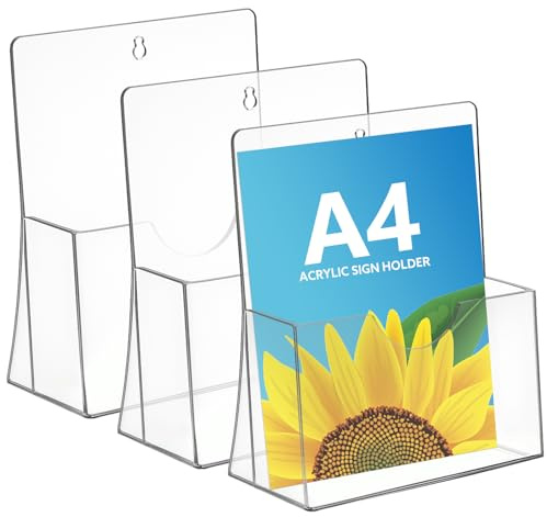 Thboxes 3 Pack A4 Leaflet Holder, Clear Freestanding Acrylic Brochure Stand | With Hanging Hole, Booklet And Flyer Display, Wall Or Counter Use, for Office, Restaurants, Reception, Waiting Areas, Events