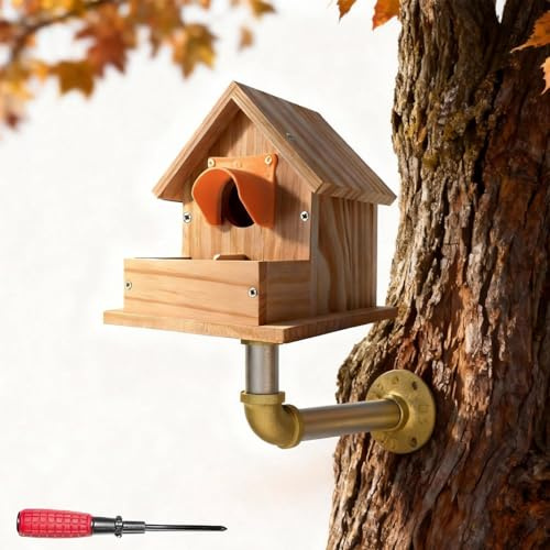 Nidero para pájaros de madera – Caja para pezones y rojo garganta, comedero colgante resistente a las temperías para pájaros pequeños, con protección (soporte + nido, 12 x 17 x 17 cm)