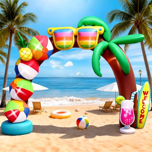 Kalolary 10FT Tall Summer Inflatable Outdoor Decorations, Beach Ball Archway Blow Up Inflatable Arch with Build-in Lights for Beach Party Pool Party Yard Garden Summer Decors