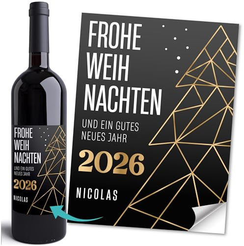 SpecialMe® Weinetikett Frohe Weihnachten Frohes Neues Jahr 2026 mit Name personalisierbar Flaschenetikett – XMAS Deko für Flaschen Weiss unisize