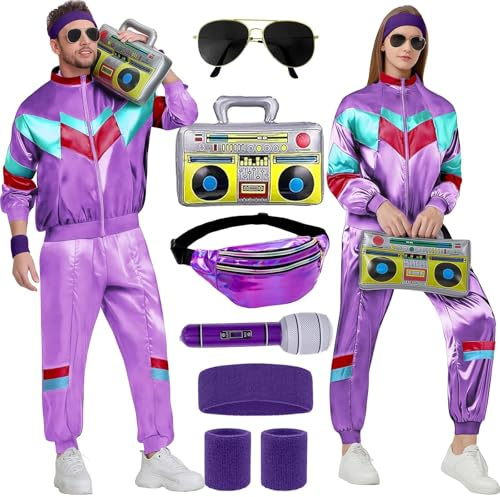 Hamanasu Karneval Kostüm Damen 80er 90er Jahre Outfit Herren Damen 81er Trainingsanzug Jacke Hose Disco Ganzkörperanzug Hip Hop Sportanzug Set für Karneval Partnerkostüme Erwachsene Lustig,M