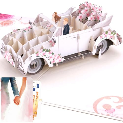 PACKLIST ® Pop-Up Hochzeitskarte Auto 3D Glückwunschkarte mit Umschlag & Einleger – Geldgeschenk Flitterwochen, Gutscheinverpackung Hochzeit Oldtimer für Brautpaar, Tochter, Sohn & Freunde