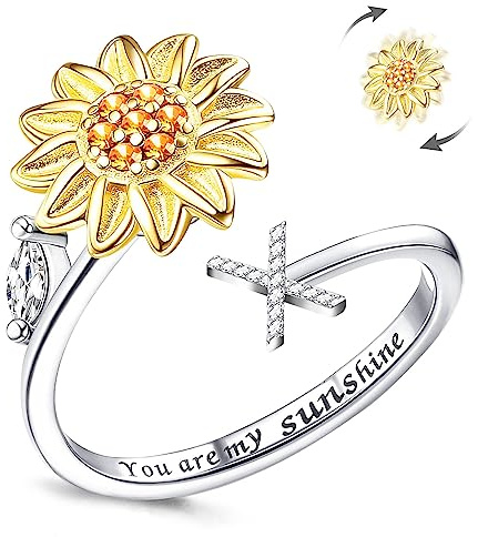 LucBuy Zappelringe für Damen, Silberner Buchstaben Sonnenblumen Spinner Fingerring, Verstellbare Größe Stapelbar Stressabbau Anti-Angst Ring, Innenseite mit ‘You Are My Sunshine’ Graviert Schmuck (X)
