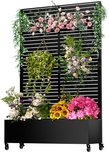GTSABWAY Metal Planter Box with Trellis,72x47x16Galvanized Steel Outdoor Raised Garden Bed with Privacy Screen,with Drainage Holes & Lockable Casters for Climbing Plants,Vegetables,and Vines(BYC)