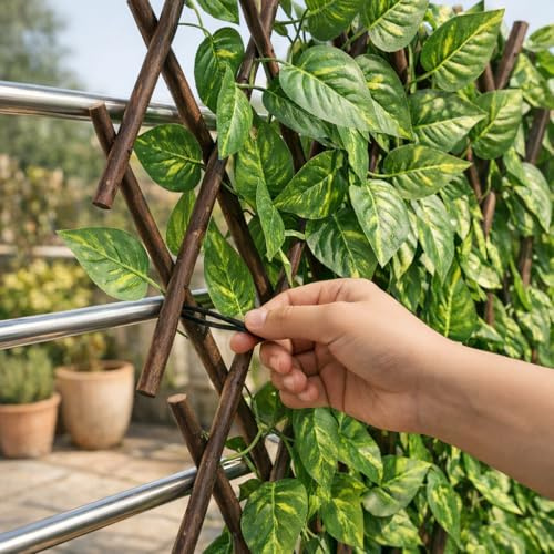 Siepe Artificiale Con Foglie Su Traliccio Estensibile in Legno Salice Divisorio Ringhiera Recinzione Edera Giardino Frangivista Ornamentale Sintetica Balcone 1x2 mt (2 Pezzi)