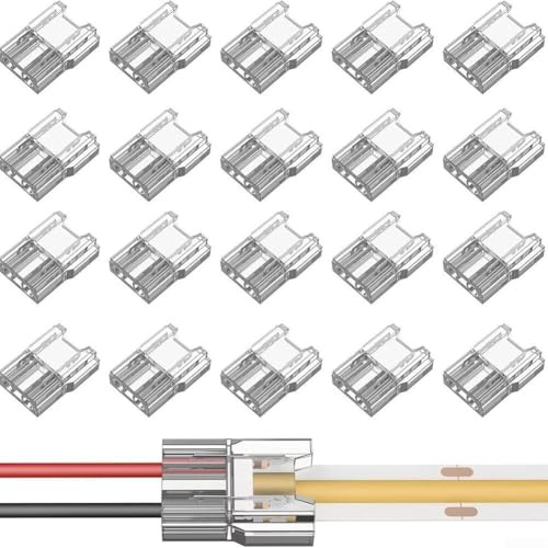 8mm 2 Pin Snap-in Connector for COB LED Strips Works with 20 AWG Wires and Handles 5V 12V 24V Voltages (20PCS)