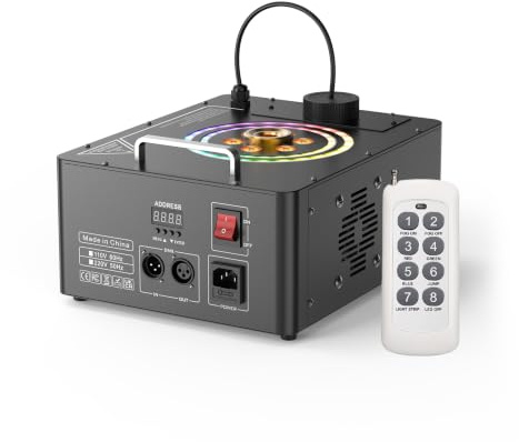 Machine à Fumée 1500W avec Télécommande 6 LED RGB, Machine à Brouillard Portable Effets Lumineux Stroboscopiques et Bande Lumineuse Disco Équipement de Scène DMX512 pour Halloween Mariages Fêtes Bar