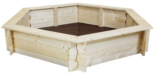 CHARLES BENTLEY Bac à Sable Hexagonal pour Enfants en Bois FSC, extérieur Jardin, Montage Facile, Espace de Rangement Jouets, Toile de Fond Incluse (137x119x24cm)