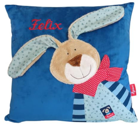 Sigikid Kuschelkissen mit Ihrem Wunsch-Namen Bestickt Wombel Bombel blau 40 cm x 40 cm inklusive Füllung Namenskissen Kinderkissen personalisiert