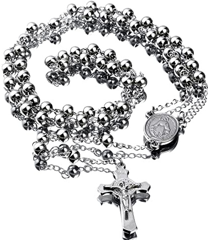 30 Stainless Steel Rosary Beads Necklace 6mm Silver Color with Jesus Christ Crucifix Cross
