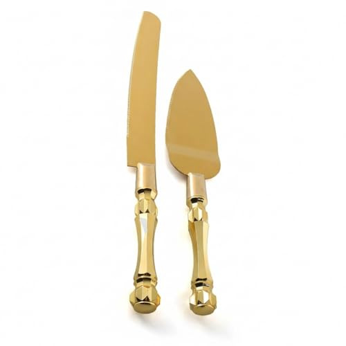 Homi styles Gold Elegant Cake Knife and Server Set, Cake Server and Knife Set of 2 with 420 Stainless Steel Plated Thick Blades, Cake Cutting Set for Wedding, Birthdays, Anniversaries, and Parties