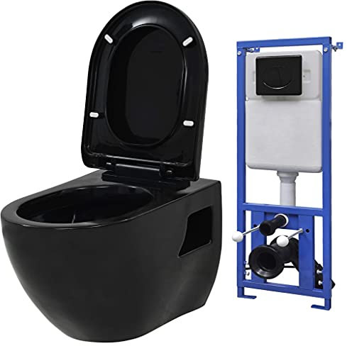 vidaXL WC a Muro con Sciacquone Nascosto Vaso Tazza Toilet Accessori per Bagno Prodotti per Stanza da Bagno Sanitari in Ceramica Nera
