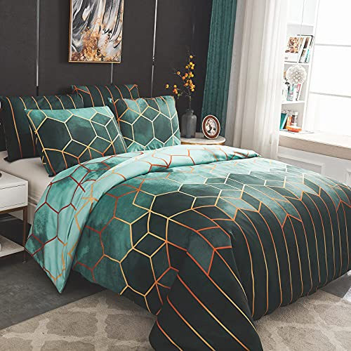 Dencalleus Geometric Printed Duvet Cover Set, Brushed Microfibre Nordic Soft Quilt Covers with Corner Ties, Single Size, Boho Bedding Sets with Zipper Closure and Easy Care Hotel Quality, Green