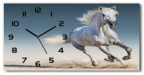 Tulup Wanduhr aus Glas 60x30 cm Glas Uhr Bild Glasuhr Gehärtetes Glas Küchenuhren - Schwarze Zeiger - Weißes Pferd im Galopp