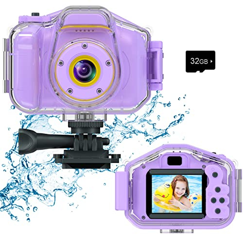 DEKER Kids Waterproof Camera, Christmas Birthday Gifts for Boys Girls Toys 3-12 Year Old, Underwater Mini Children HD Digital Action Camcorder, 2 Inch IPS Screen with 32GB Card (Lavender)