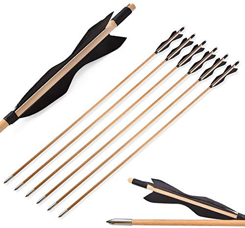SHARROW 6/12 Stück Bogenschießen Holzpfeile Traditionelle Jagdpfeile Hölzern Pfeilschaft mit 5 Naturfedern Metall Pfeilspitzen Pfeile aus Holz für Langbogen Recurvebogen (Typ 1:Schwarz, 6 Stück)