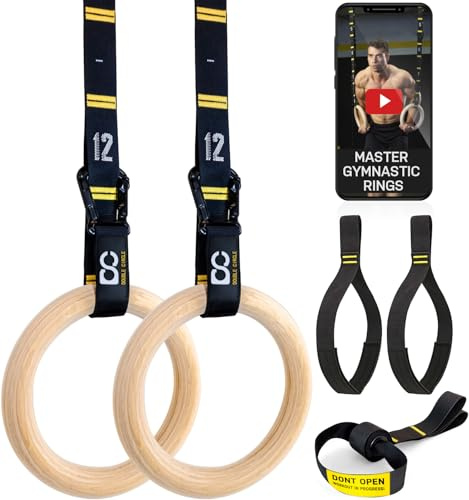 Double Circle Gymnastics Rings with Quick Adjust Numbered Straps and Exercise Videos Guide - Full Body Gym Rings - Calisthenics Rings Wooden Rings (Rings & Straps + Door Anchor + Foot Straps)