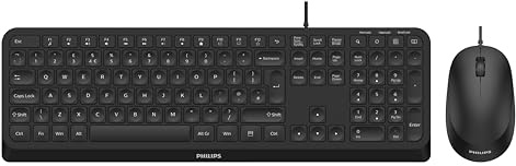 PHILIPS SPT6207B Wired USB Keyboard- Mouse combo, Low profile Keys, Reduced click sound, Optical tracking, Multimedia shortcuts, plug and play PC/Laptop