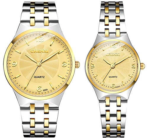 JewelryWe Paar Uhren Quarz Analog Partner Freundschafts Armbanduhr Business Casual Uhr mit Gold Silber Edelstahl Armband, Valentinstag Pärchen Geschenk für Herren Damen