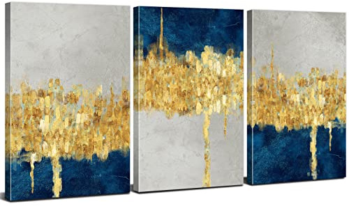 Navy Blue Abstract Wall Art Marble Canvas Pictures for Living Room Decor Abstract Gold Textured Ink Prints Set of 3, Watercolor Wall Paintings Neutral Poster Handing Artwork Bedroom Decorations 12x16