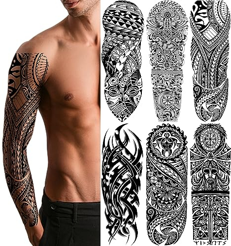 Totem Tribal Temporary Tattoo Sleeves, Full Arm Large Polynesian Hawaiian Tribal Fake Tattoos Sleeve For Men Women Adult, Black Viking Maori Temp Tatoo Sticker Leg Body Art Makeup, 6-Sheet