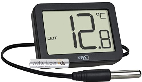 TFA Dostmann Digitales Innen-Außen-Thermometer, 30.1066.01, inkl wasserdichter Temperaturfühler, Höchst- und Tiefstwerte, mit Magnet/Ständer, schwarz mit Batterie