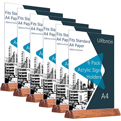 URbantin A4 Acrylic Sign Holder,6Pack T-Shape Wooden Base Menu Holders,A4 Plastic Display Stands Double Sided Poster Holder for Tables,Counter Display Stand for Restaurant Store Bar Company