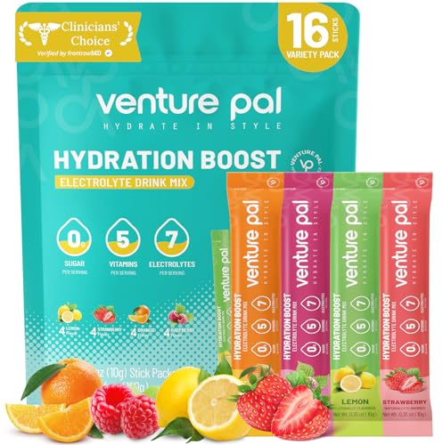 Venture Pal Sugar Free Electrolytes Powder Packets - Liquid Daily IV Hydration Packets | Instantly Hydrating & Party Recovery | 5 Vitamins & 7 Electrolytes | Certified Vegan, Keto, Non-GMO | 16 Sticks