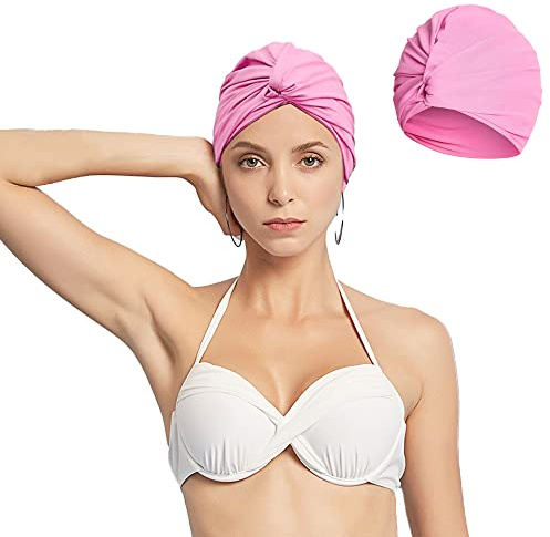 Damer veckad stretch badmössa simbassäng turban badmössa turban badmössa tyg simmössa badmössa hår och öron badhatt för långt hår