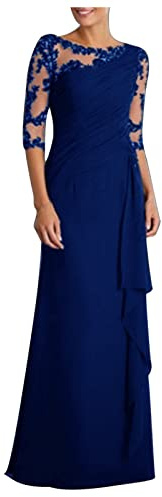 Dyhxuan Abendkleid Damen Lang Elegant Spitze Cocktailkleid Einfarbige Maxikleid Rundhals Mittelarm Hochzeitskleid Reißverschluss Brautkleid Brautjungfern Kleid Slim Fit Abiballkleid Partykleid