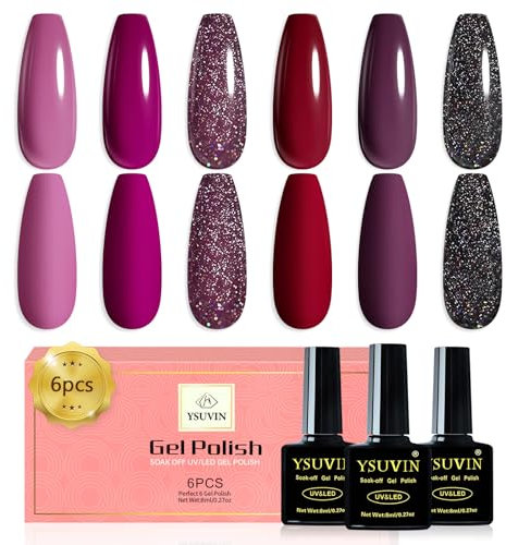 Yueshop Gel Nail Polish Kit- Purple Series 6PCS French Manicure Nail Polish Set Grape Purple Burgundy Red Black Glitter Gel Nail Plish Polish Soak off Nail Lamp Nail Art Manicure Salon For Women