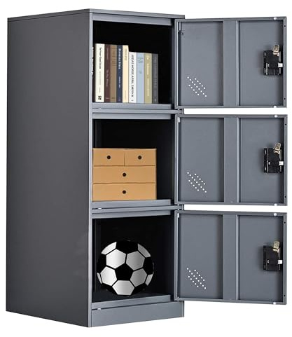 MECOLOR Casier de Rangement Vertical avec loquet à Cadenas, Petit Meuble de classement de Bureau avec 3 Portes, Armoire de Rangement d'angle en Acier pour Salon, Salle de Sport (Gris, 3D)