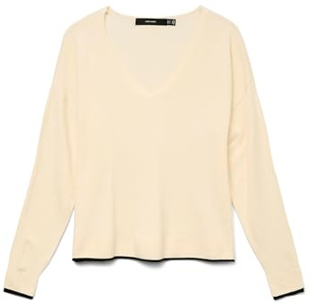 VERO MODA Maglione da Donna Vmbreeze LS V-Neck Ga Boo, Betulla/Dettaglio: Contrasto Nero, M