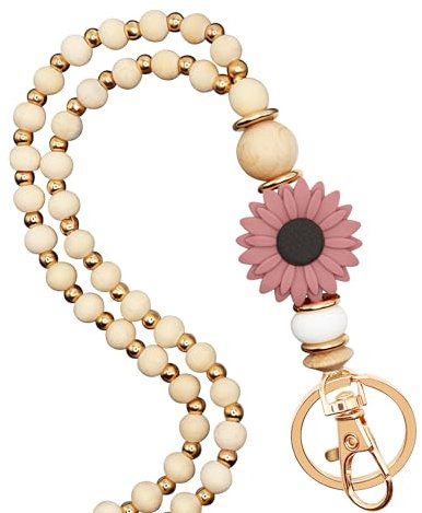 MyfavoriteK Lehrer-Schlüsselband aus Holz für Ausweis, niedliche Blumen, Holz und goldfarbene Perlen, Schlüsselband für Damen, stilvoller Ausweishalter