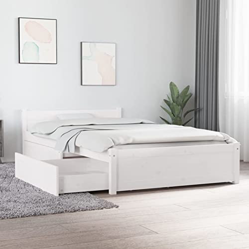 Rantry Bett mit Schubladen Bettrahmen Holzbett Schubladenbett Gästebett Bett mit Lattenrost Einzelbett mit Stauraum Bettgestell Weiß 90x200 cm für Schlafzimmer Gästezimmer