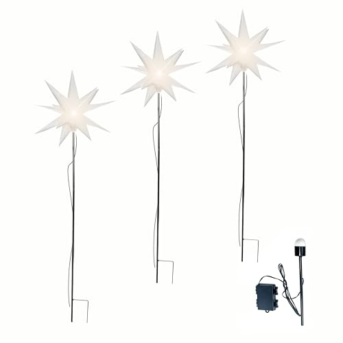 Leuchtstern 3D mit LED Beleuchtung | 3er Set mit Erdspieß | weiß | Ø 27 cm | 3D Stern mit 15 Spitzen | wetterfest | Garten Deko, Weihnachtsdeko | Weihnachtsstern | mit Timer | batteriebetrieben