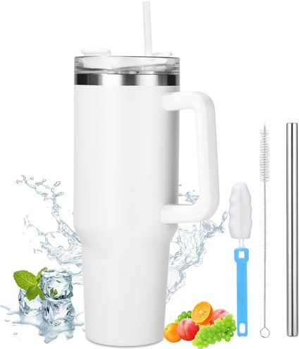 Toaren 1200ml (40 oz) Taza de Viaje con Asa y Pajita Taza De Café Termica Aislamiento de Doble Pared Taza Térmica con Asa, Vaso de Viaje de Café con Cepillars para Café Frío o Caliente Todo