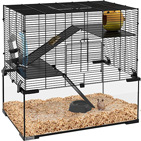 PawHut Cage Hamster, Cage Rongeur, 3 Niveaux avec Roue, rampes, maisonnette, Abreuvoir, mangeoire, 60L x 40l x 54,5H cm, Noir