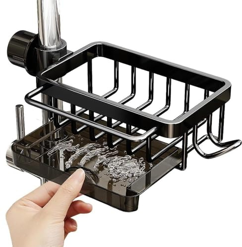 DINGFENG Spülbecken Organizer schwarz Schwammhalter Spültuchhalter hängend | Selbstklebend mit Abflusspfanne für Küchenspüle Ordnung, einfache Montage ohne Bohren