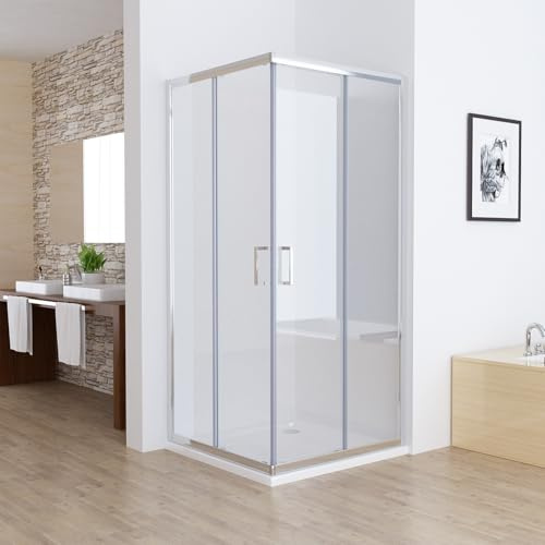MIQU Duschkabine Eckeinstieg 90x90 cm Duschwand mit Doppel Schiebetür rollen, 5mm ESG Sicherheitsglas, Schiebetüren Glas komplett Dusche Silber Duschabtrennung Höhe 185cm, ohne Duschwanne