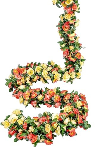240cm Künstliche Rot Rosengirlande mit Eukalyptus Pflanzen Seidenblumen, Blumengirlande Rosen Reben Seidenblumen im Freien für Hochzeitsbogen Schlafzimmer Wand Kulisse (Gelb,2 Stück)