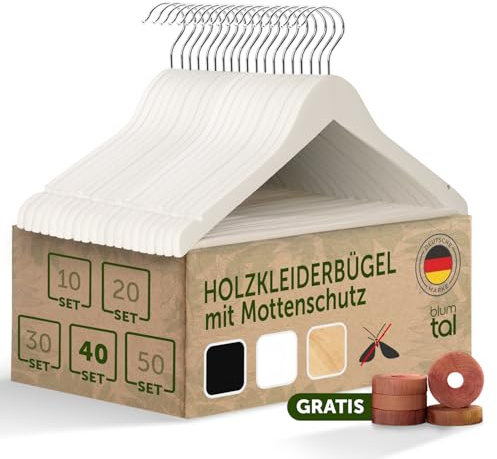 Blumtal Kleiderbügel Holz 40er Set - Holzbügel mit 360° drehbarem Metallhaken - Kleiderbügel Weiß + Zedernholz Mottenschutz - Kleiderbügel Holz Weiss + Anti-Rutsch-Schicht & Einkerbungen - Bügel Holz