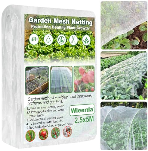 Garden Insect Netting, 2.5 x 5M Ultra Fine Mesh GardenNetting for Protection Vegetables Plants Fruits Flowers Crops Greenhouse, Anti Bird Butterfly Net Cover for Outdoor Patio