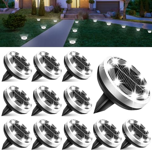 Bowfar 12 Stück Solar Bodenleuchten Aussen, IP65 Wasserdicht Solarlampen 8 LEDs Gartenbeleuchtung Solar Mit Upgrade Solarpanel, Kaltweiß Solarleuchten für Garten, Rasen, Gehweg, Patio, Auffahrt