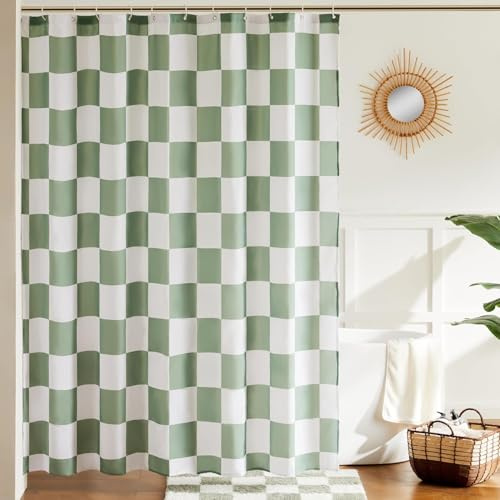 Duschvorhang 240x200 Antischimmel Karomuster Duschvorhang Weiß Grün, Duschvorhänge Wasserdicht Polyester Stoff Waschbar Bad Vorhäng für Badzimmer badewanne mit 12 Haken a.1924