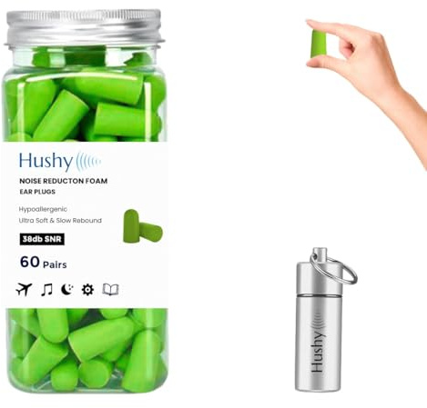 Hushy Premium Foam Earplugs for Sleep – 120 Pack (60 Pairs), 38dB Noise Reduction, Ultra-Soft Hypoallergenic Ear Plugs for Snoring, Study, Travel & Work, with Carry Case – Green