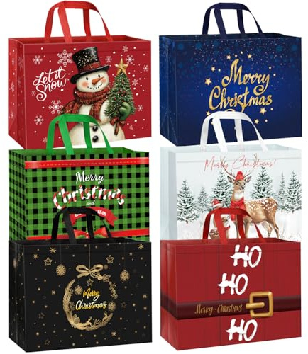 DECHISY12 Stück Weihnachtstüten Groß, Geschenktüten Weihnachten XXL, Non Woven Weihnachtsgeschenktüten mit Griffen, Wiederverwendbare Geschenktaschen Weihnachten Geeignet für Urlaub, 42 x 32.5 x 18 cm